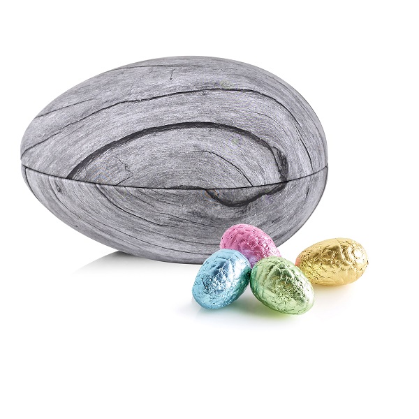  - Metallägg - Grått trä 260 g. Lyxchokladägg i folie