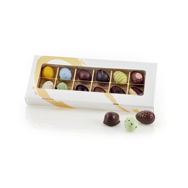  - Vit låda med guldhjärta Lyxchoklad, Marsipanägg & Belgiska C